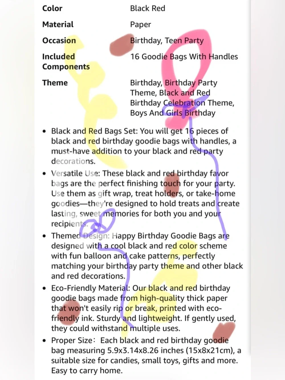Happy Birthday Gift Bags - Black with Red & Silver Balloons